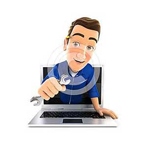 3d mechanic coming out of laptop with wrench