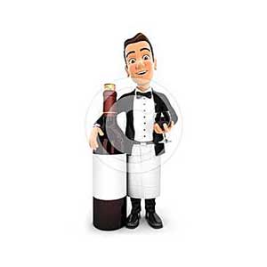 3d waiter standing next to red wine bottle