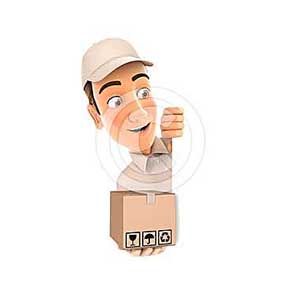 3d delivery man behind left wall and holding package