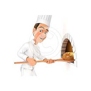 3d head chef putting bread in oven