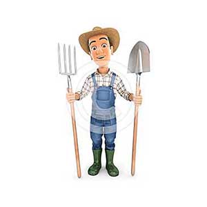 3d farmer with shovel and fork