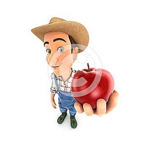 3d farmer holding red apple