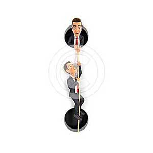 3d businessman helping colleague to climbing on rope